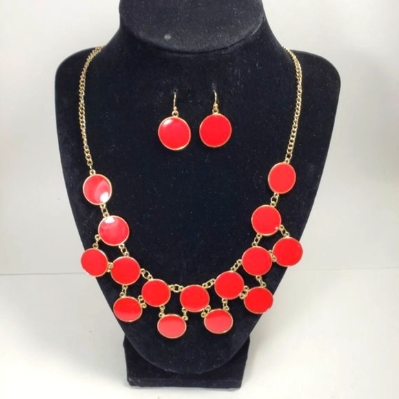 Stylish Gold-tone Red Flat Round Discs Necklace & Matching Earrings Set Women's - Picture 3 of 8